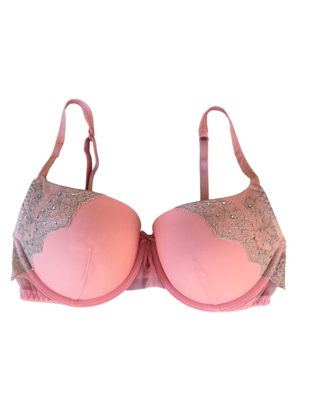 Victoria’s Secret Pink Coral Padded Under Wire Silver Rhinestone Lace Bra 34D